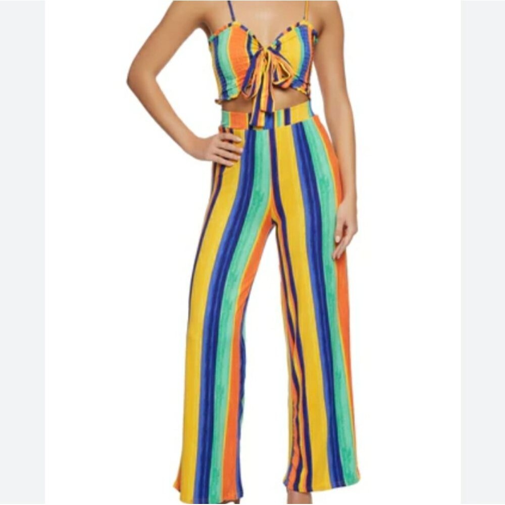Almost Famous 2 Piece Bright Colorful Striped Set LG